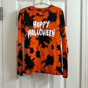 Childrens long sleeve orange and black Halloween shirt, medium size 7-8